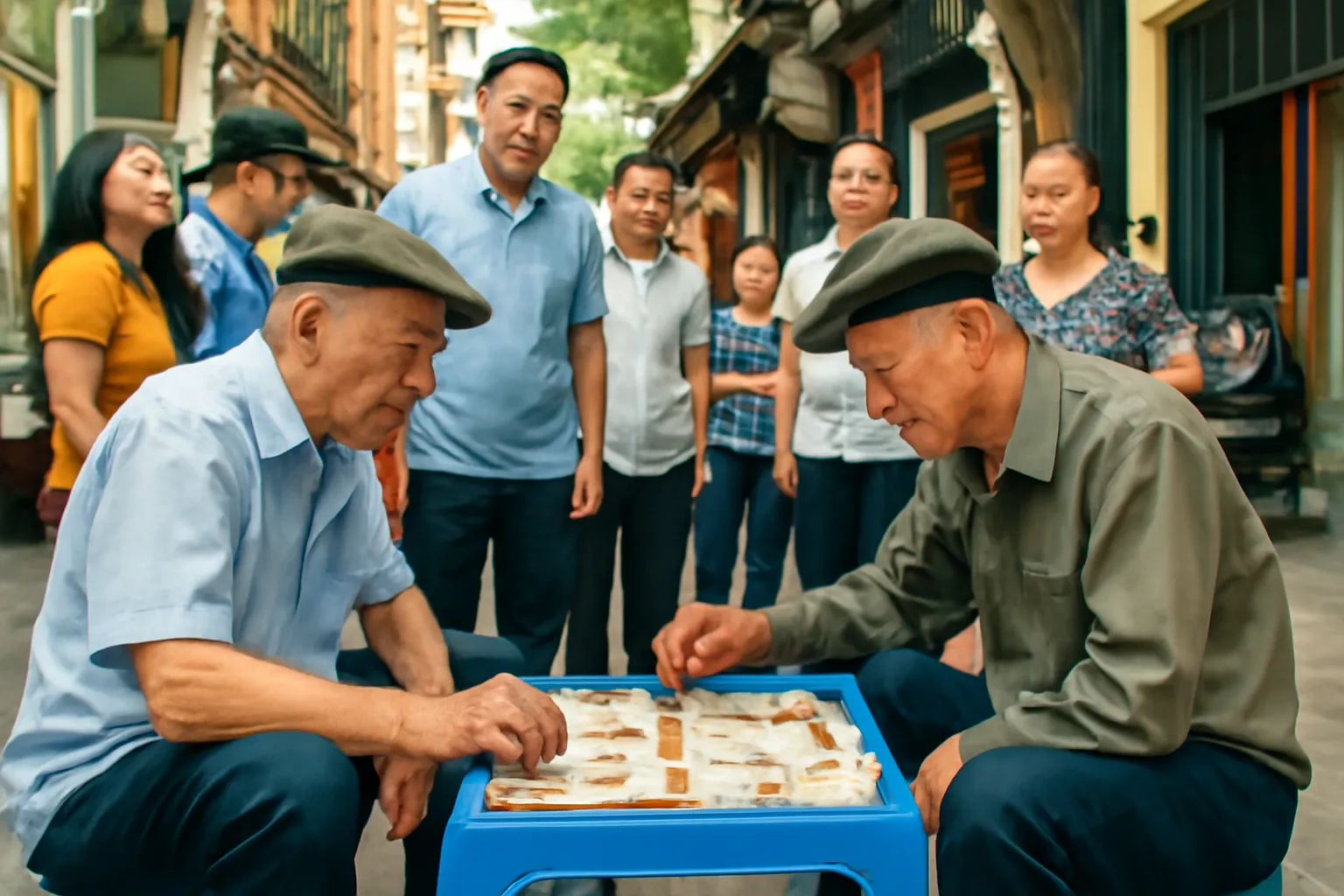 Hai kỳ thủ chơi cờ tướng ở vỉa hè phố cổ, người xem vây quanh