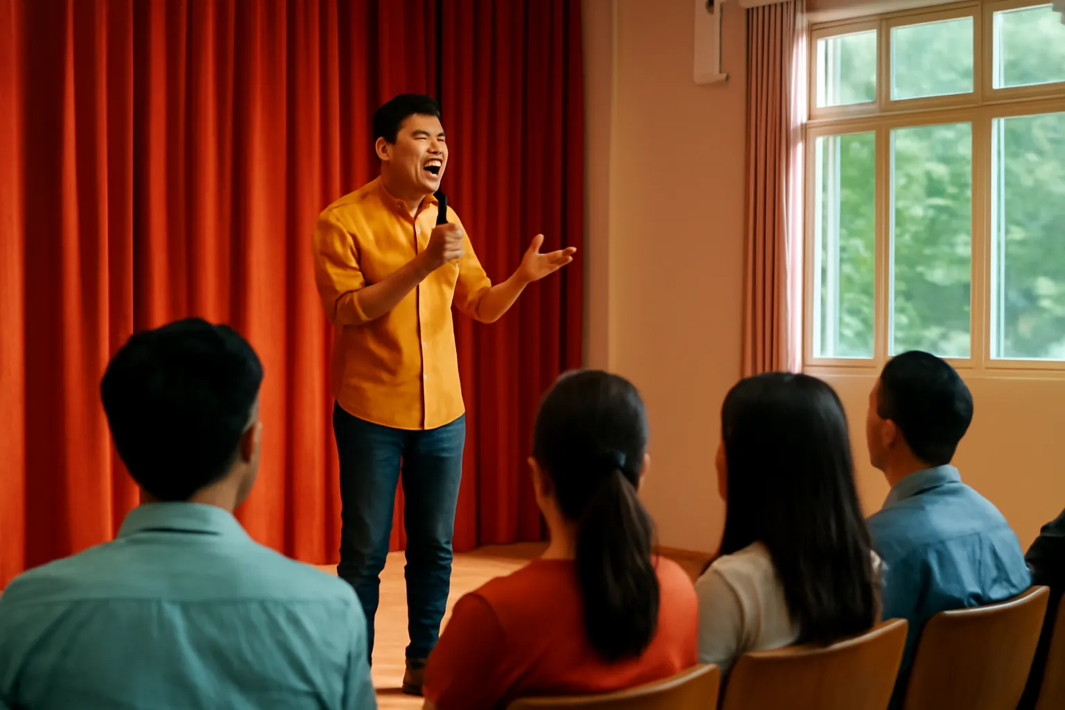 Diễn giả trẻ nói trước khán phòng nhỏ ấm cúng, khán giả quay lưng về máy ảnh