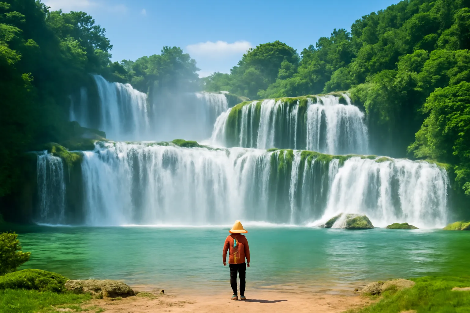 Người đứng nhỏ bé trước thác nước lớn ở Cao Bằng, góc rộng