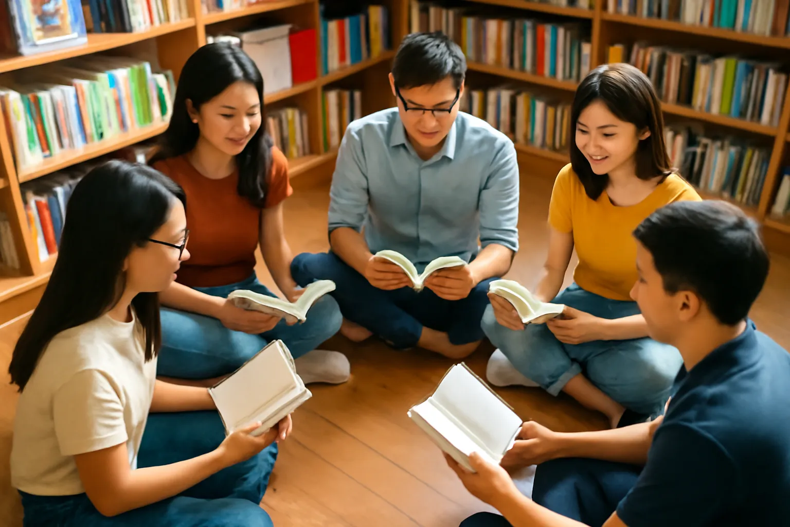 Câu lạc bộ đọc sách năm người ngồi tròn trên sàn gỗ quán sách