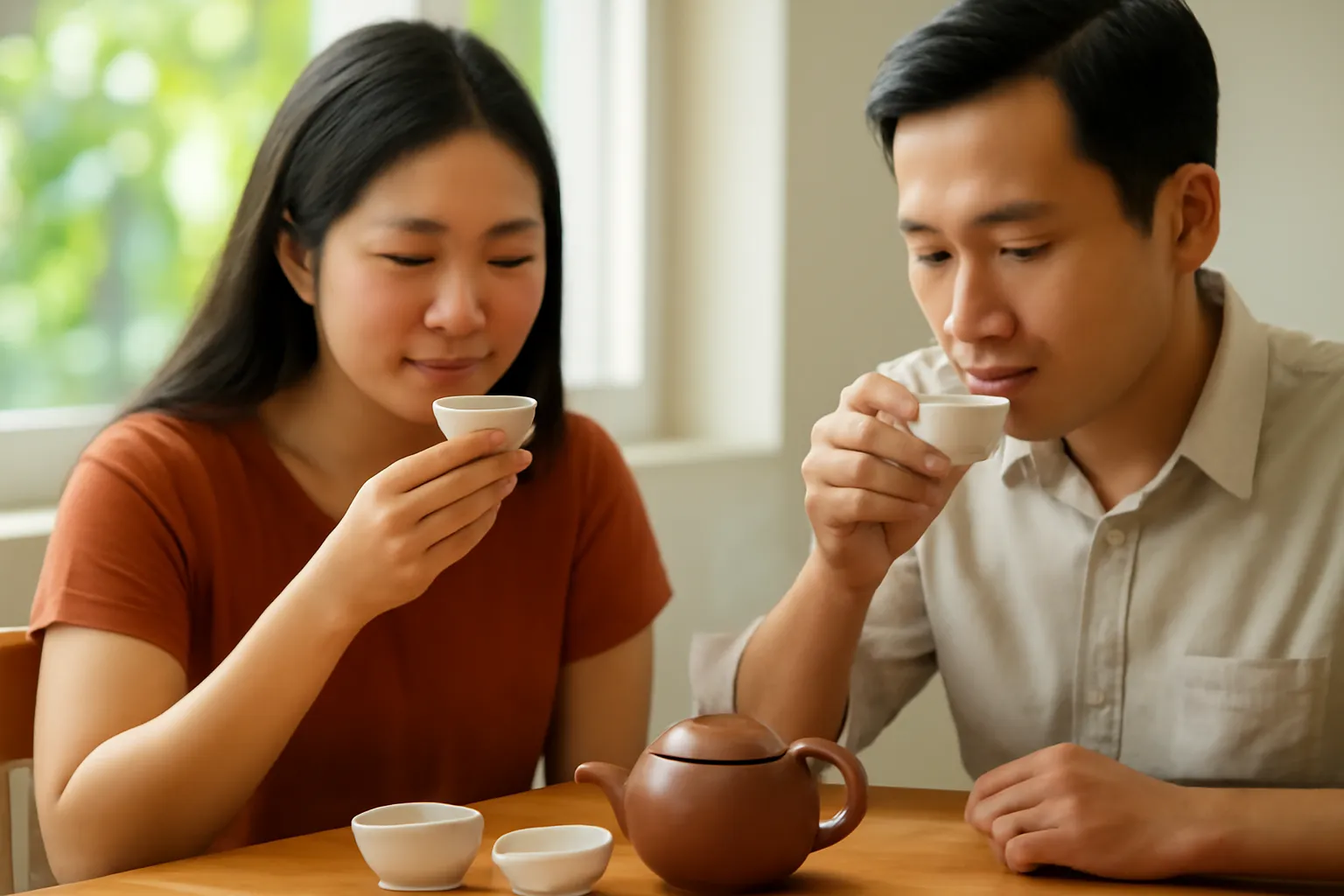 Hai người thử trà ở bàn trà gỗ, cận chén trà