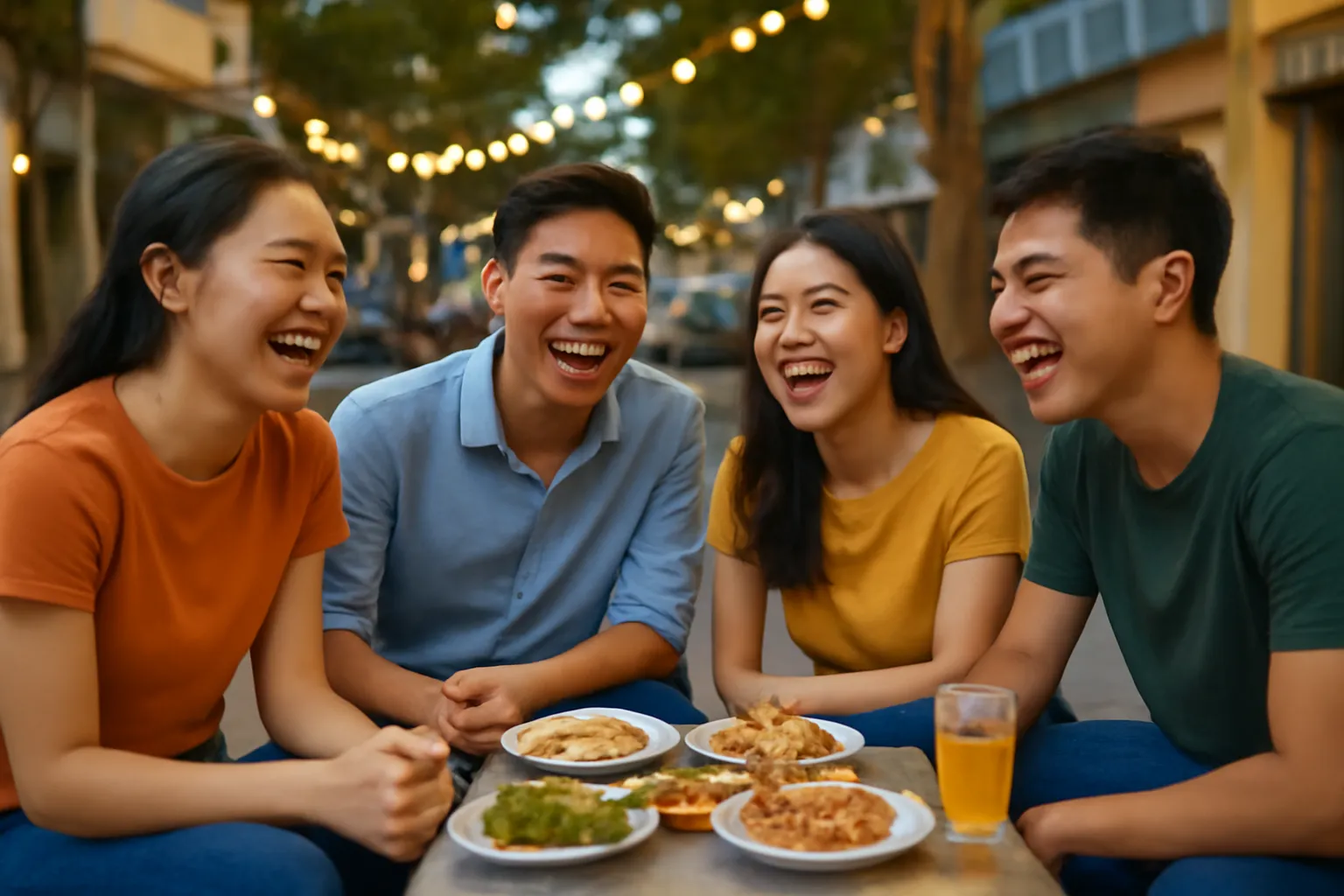Nhóm bạn cười nghiêng ngả quanh bàn ăn vỉa hè buổi tối, đèn dây