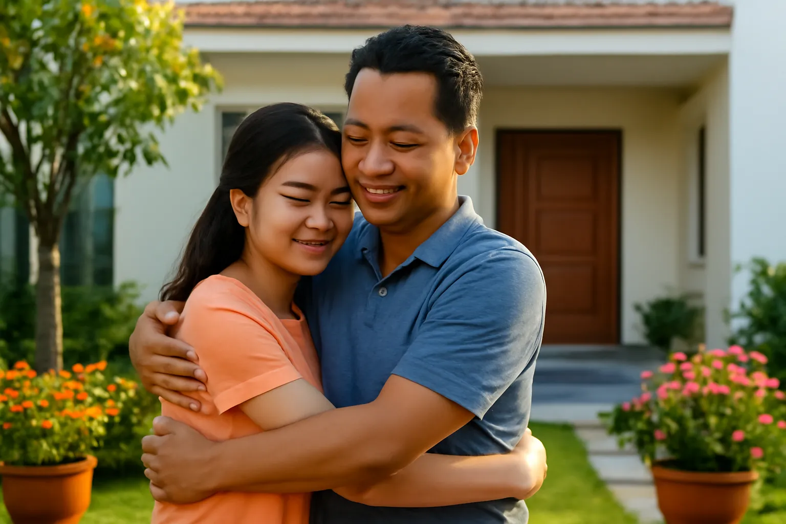 Người cha ôm con gái tuổi teen ở sân nhà sau một cuộc nói chuyện