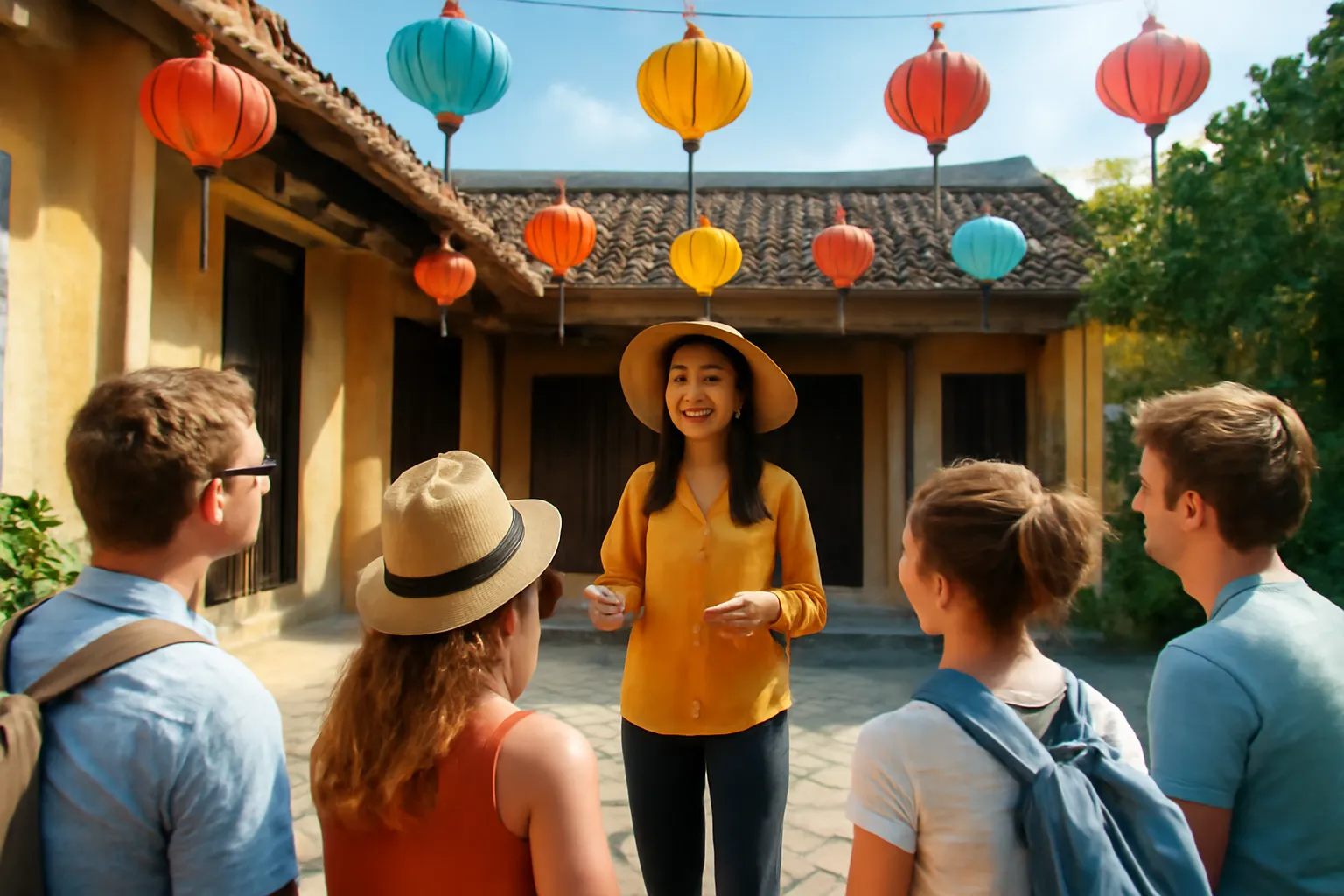 Cô hướng dẫn viên kể chuyện cho nhóm khách ở sân một ngôi nhà cổ Hội An