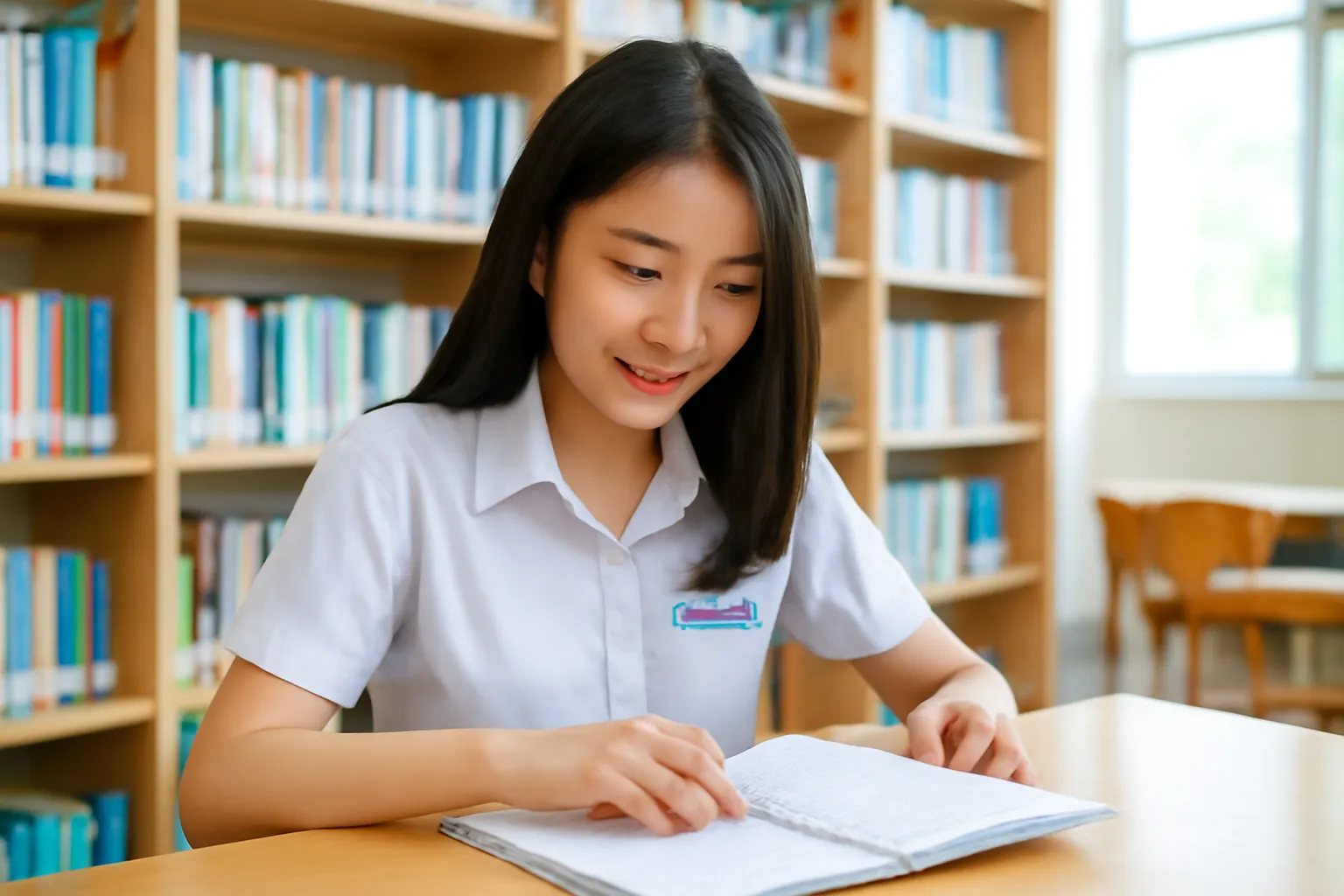 Nữ sinh lật sổ tay ghi chép trong thư viện trường, nét chữ mờ