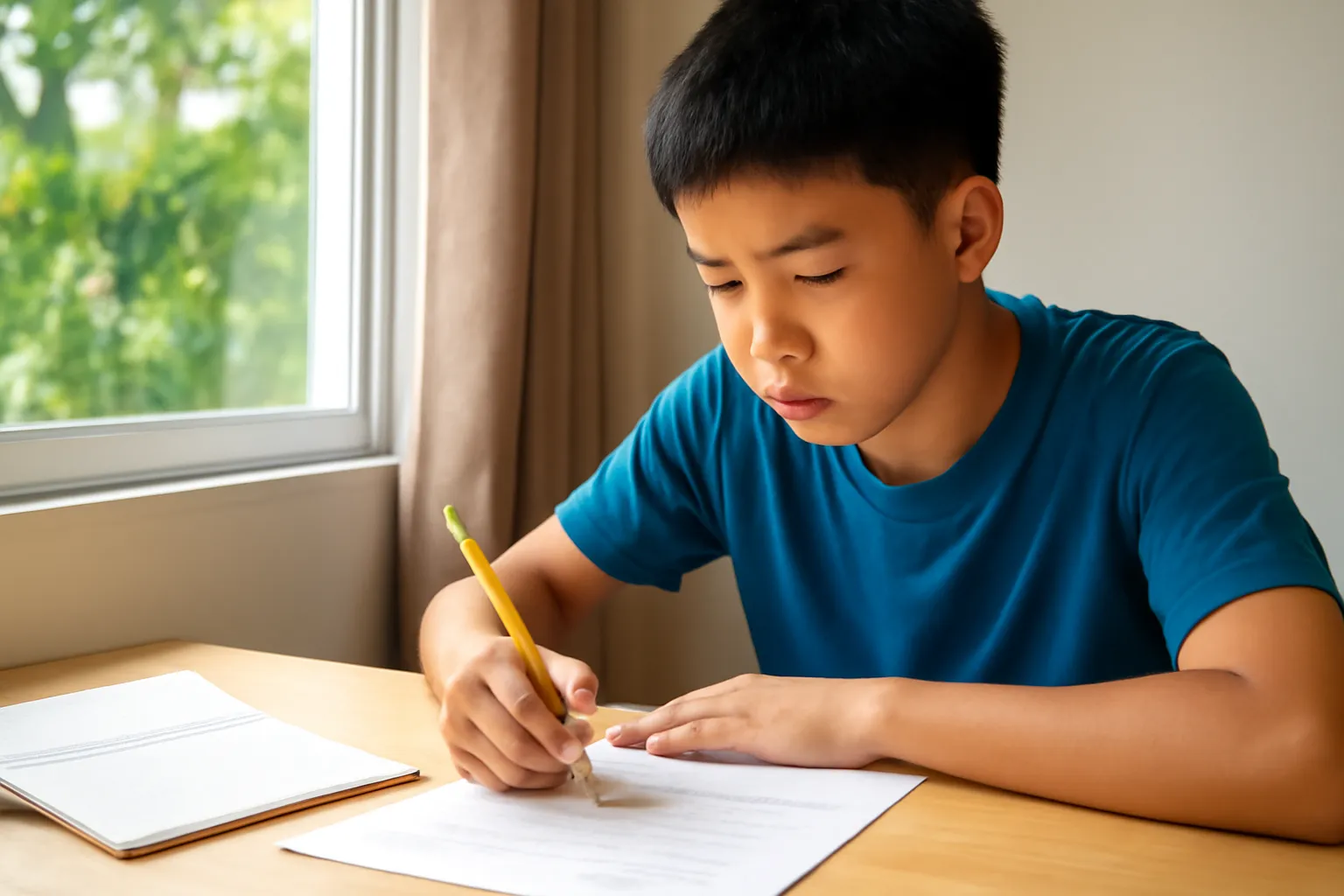 Nam sinh lớp chín viết dàn ý trên giấy nháp ở bàn học cạnh cửa sổ