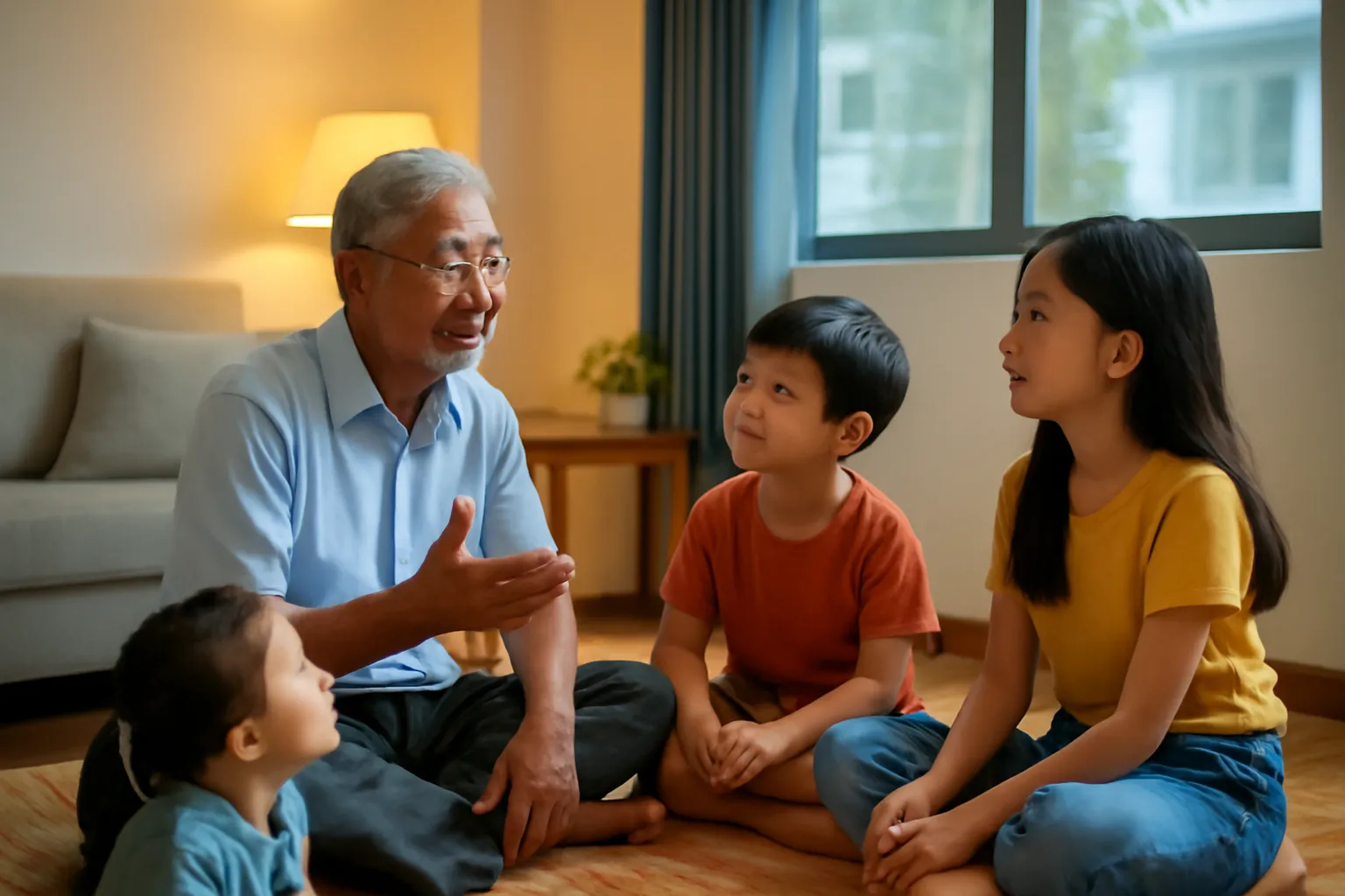 Ông kể chuyện cho ba đứa cháu ngồi trên chiếu dưới ánh đèn vàng