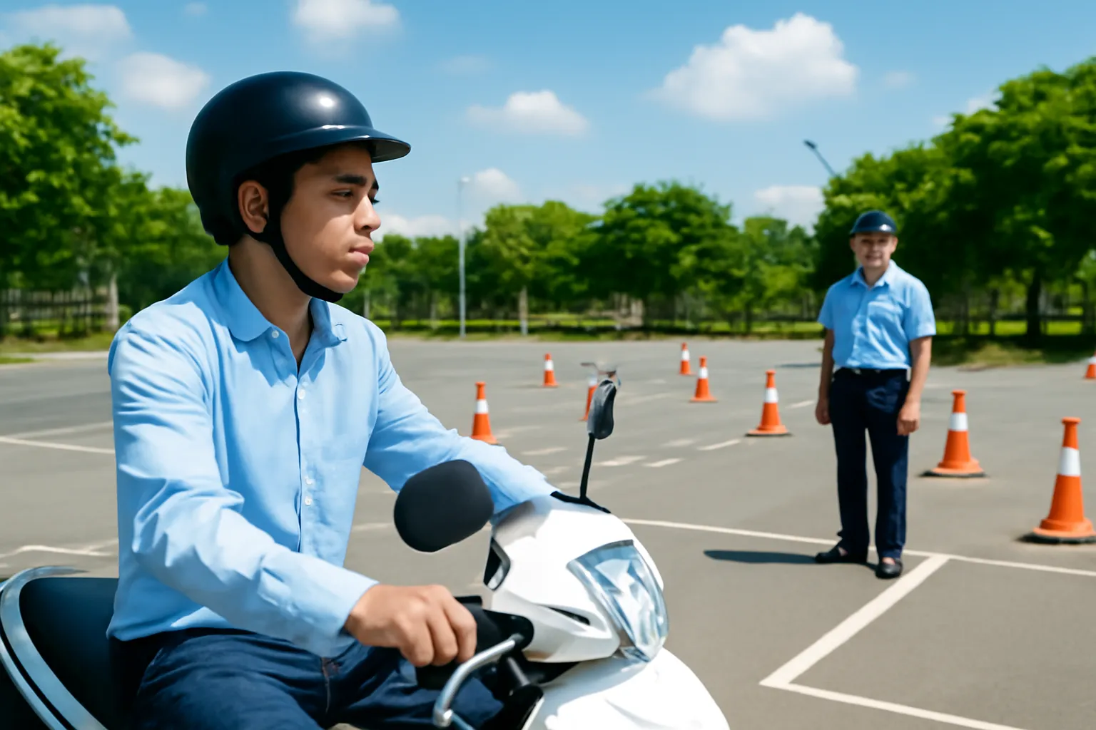 Thanh niên đội mũ bảo hiểm ngồi trên xe máy chờ ở bãi tập lái