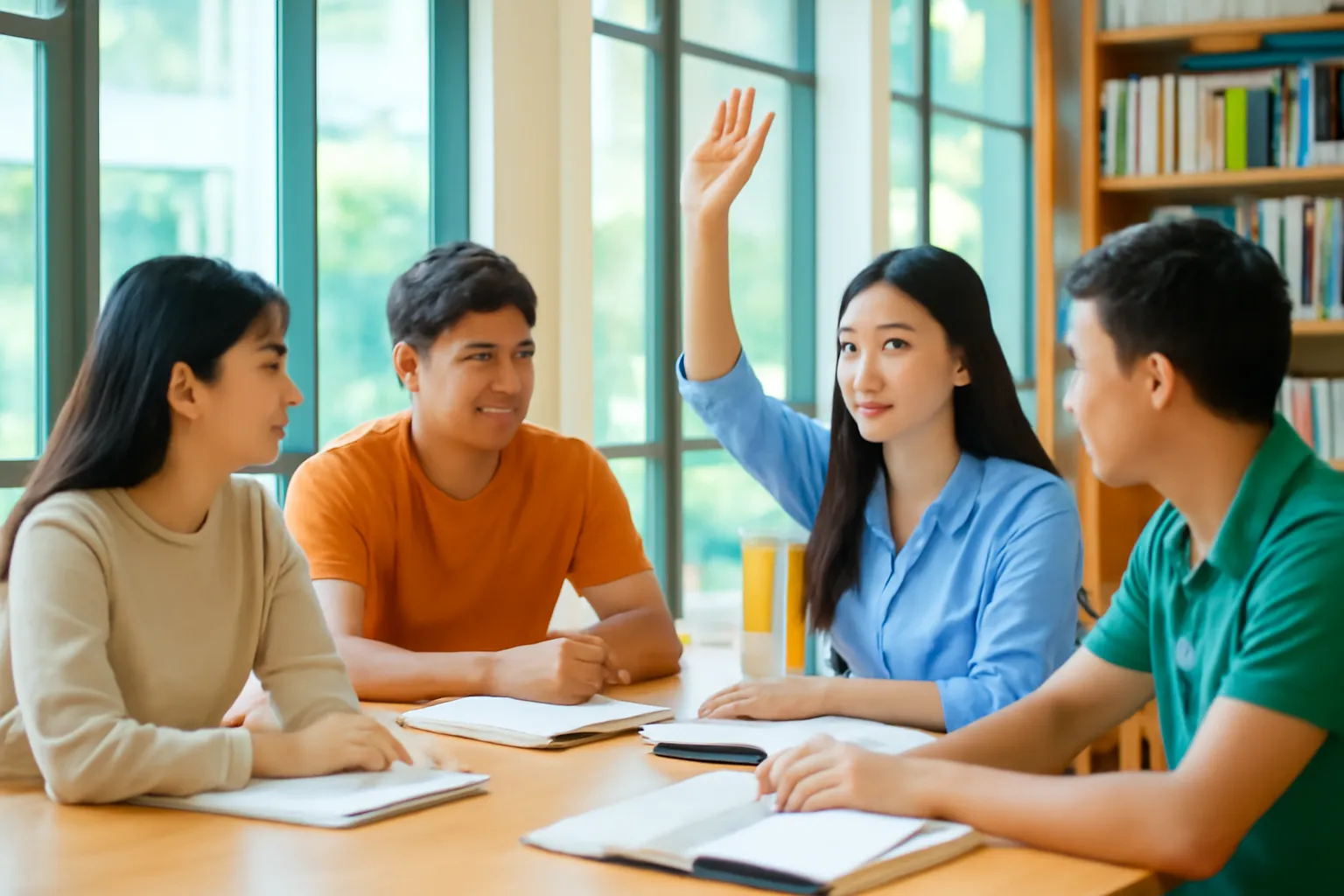 Nhóm sinh viên trao đổi quanh bàn thư viện, một bạn giơ tay ra hiệu dừng lại
