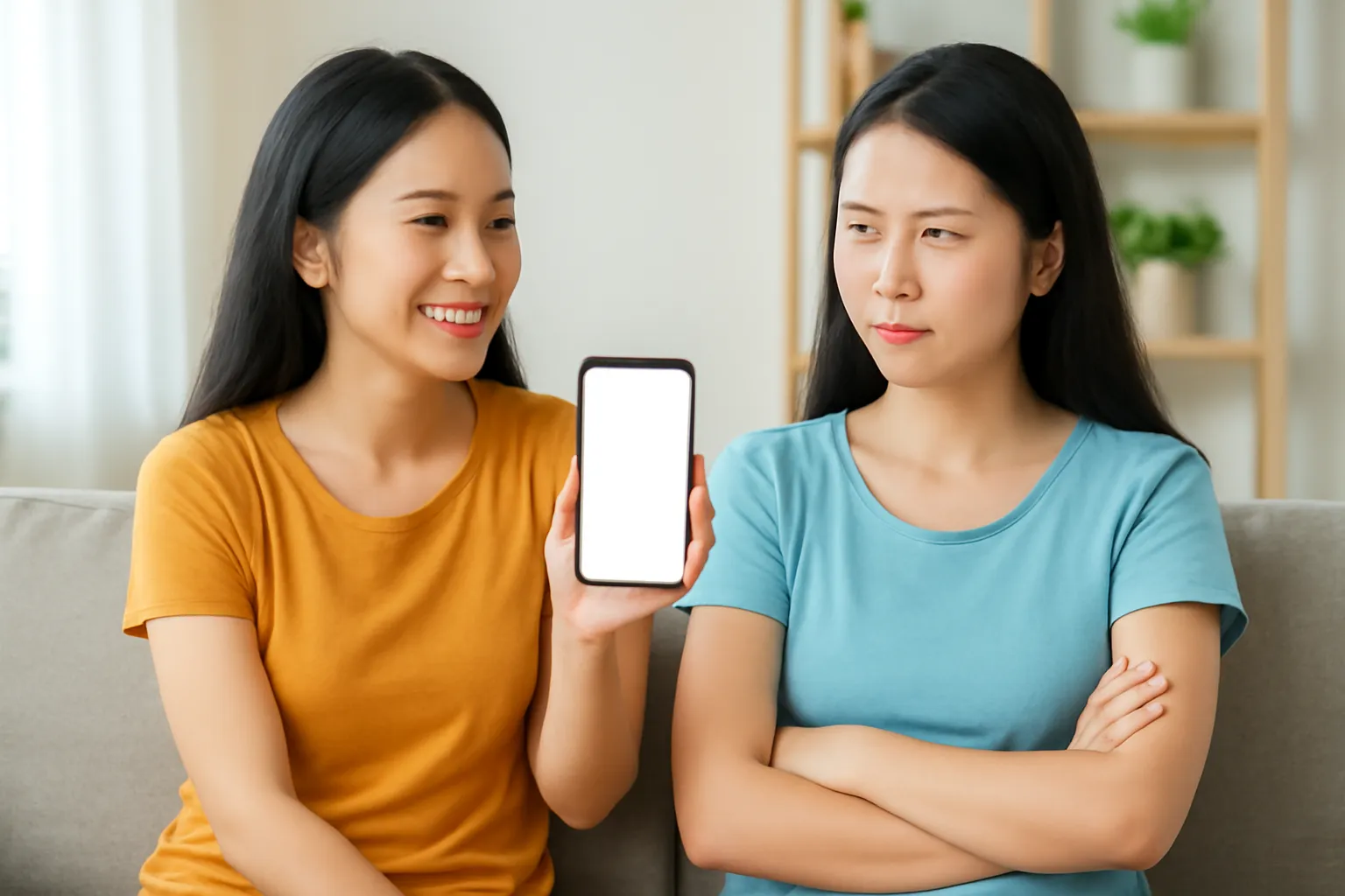 Hai chị em ngồi trên sofa, một người chìa điện thoại cho người kia xem