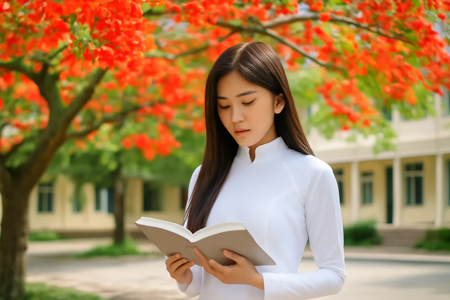 Nữ sinh áo dài trắng đọc sách dưới gốc phượng sân trường