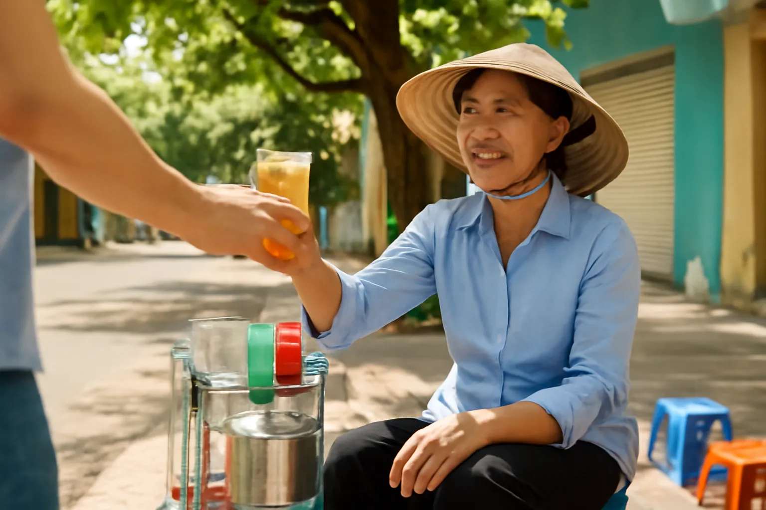 Người bán trà đá mời khách đi đường lúc trưa nắng