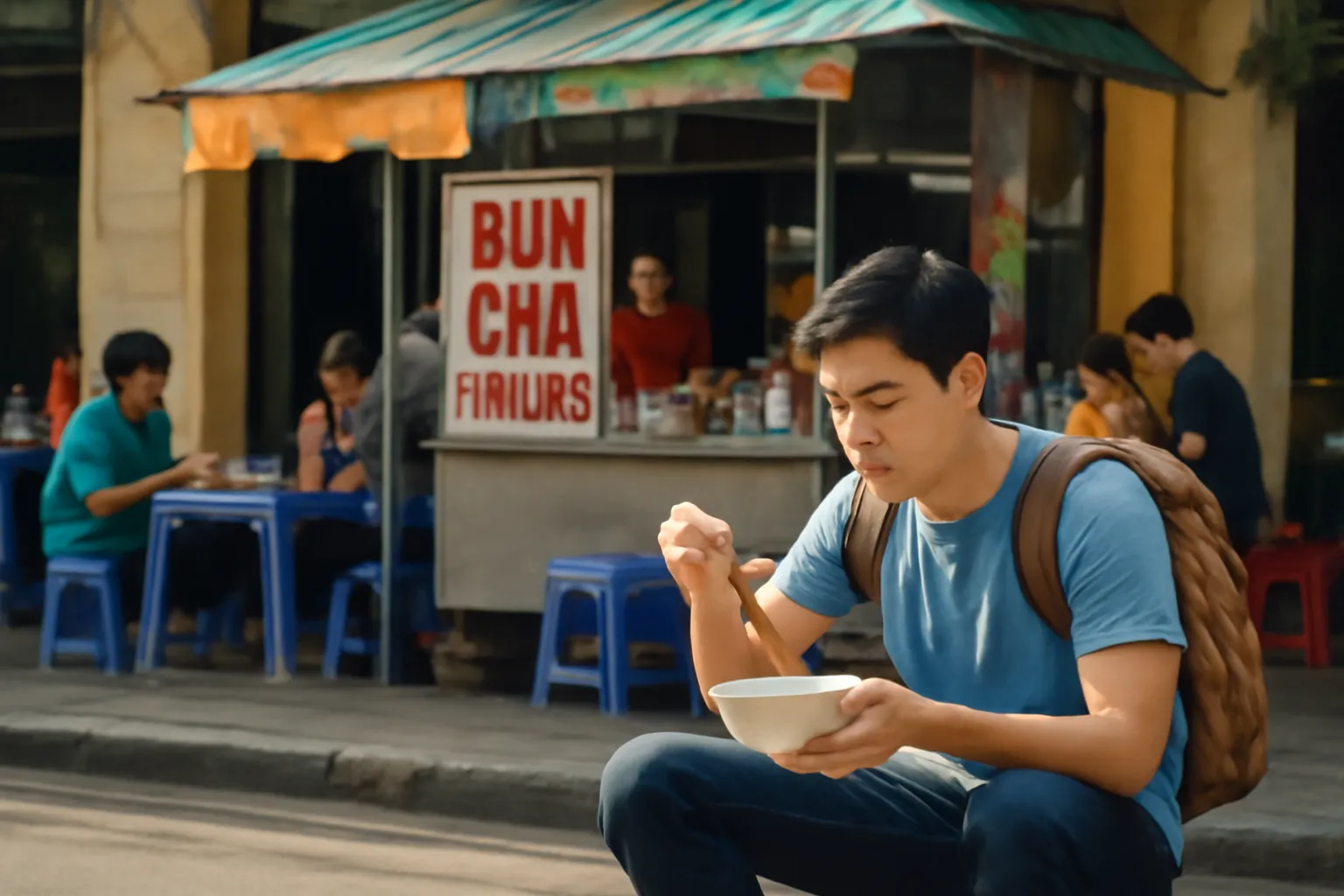 Khách du lịch ngồi ăn ở quán ven đường đông người