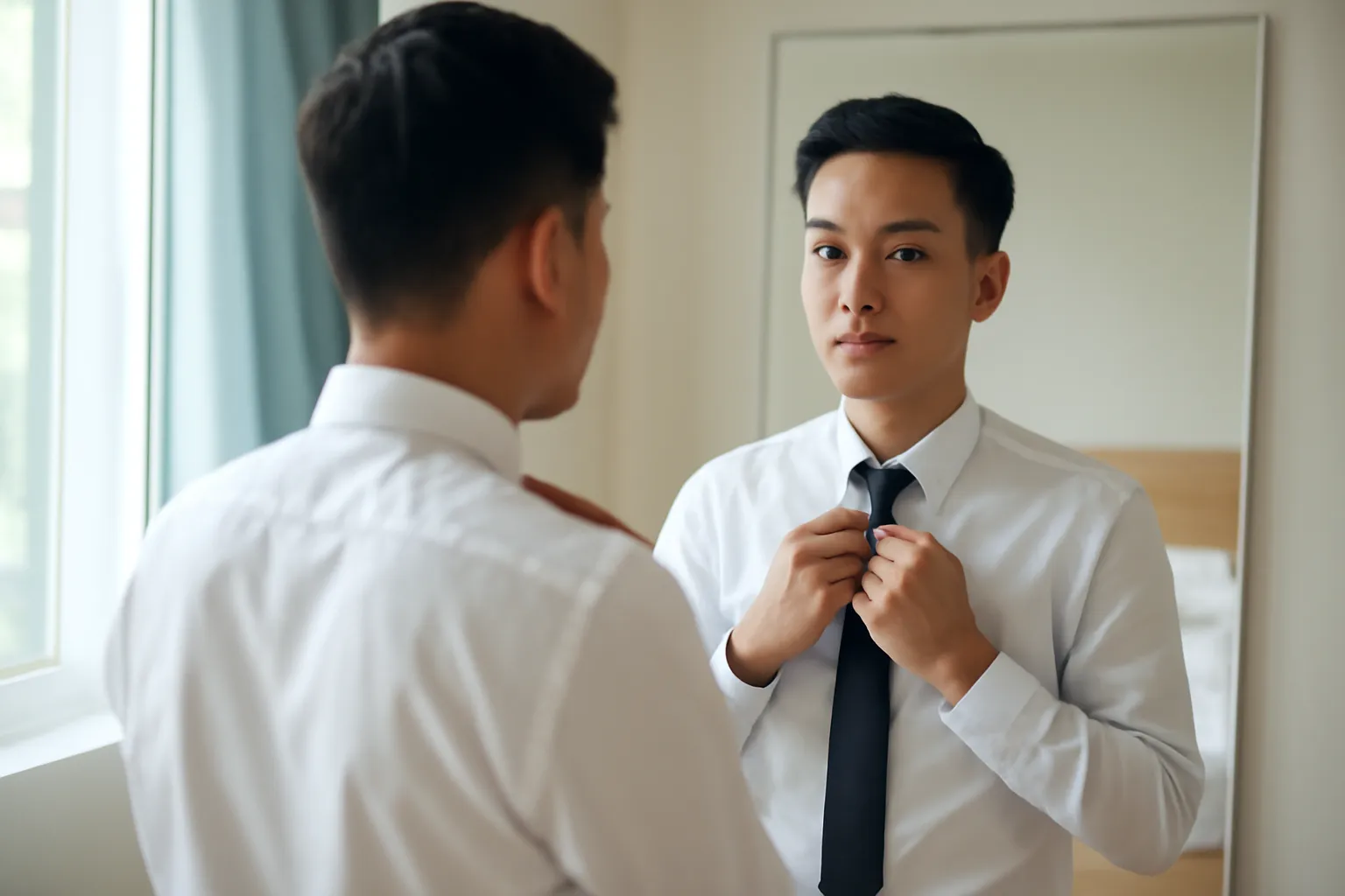 Chàng trai đứng trước gương phòng ngủ chỉnh cà vạt buổi sáng
