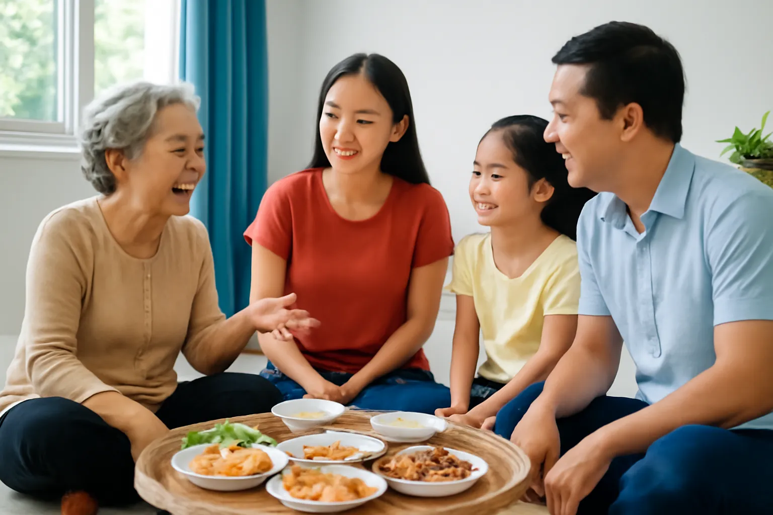 Gia đình ba thế hệ ngồi quanh mâm cơm tối bàn bạc chuyện cuối tuần
