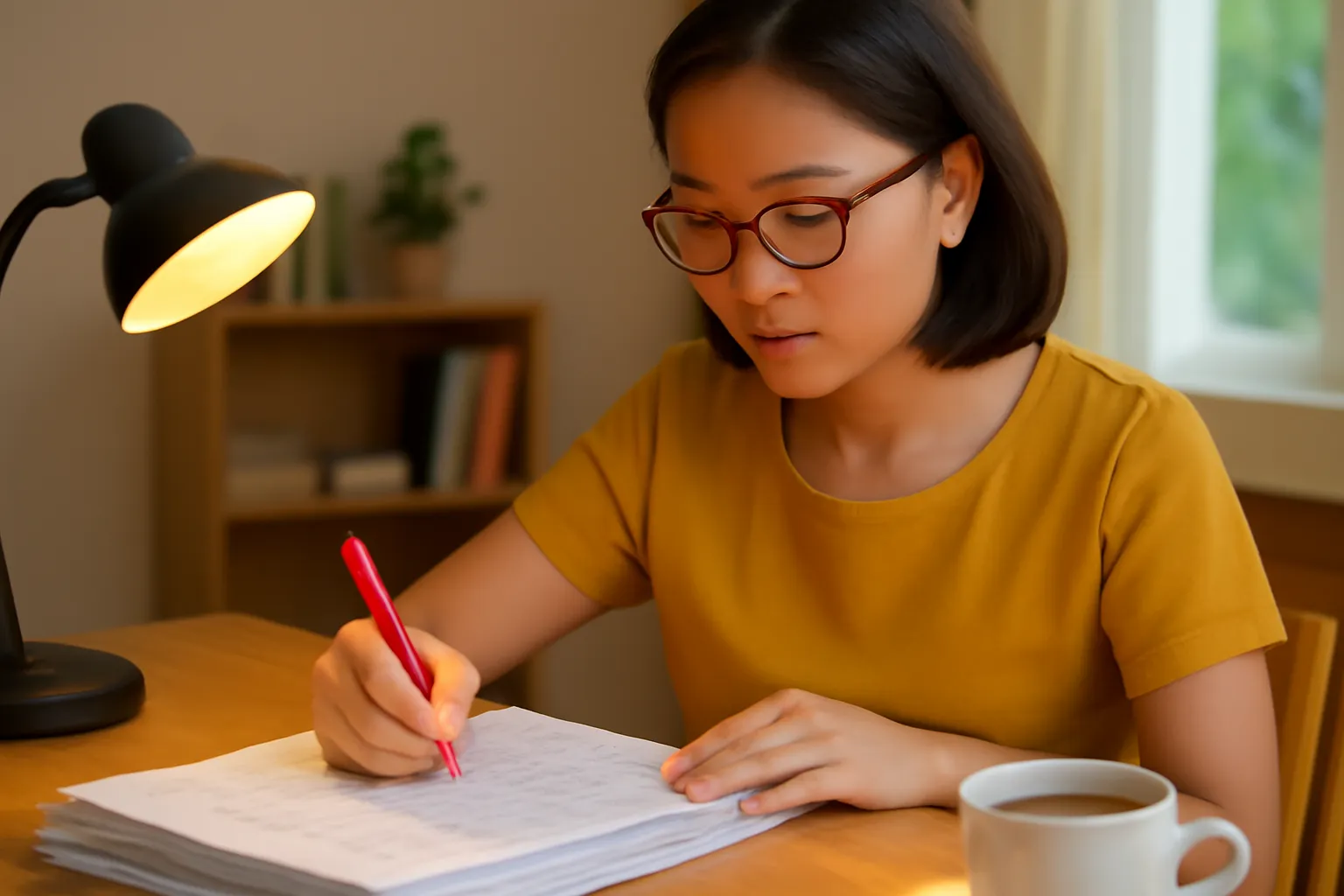 Cô giáo chấm bài bằng bút đỏ dưới đèn bàn buổi tối, nét chữ mờ