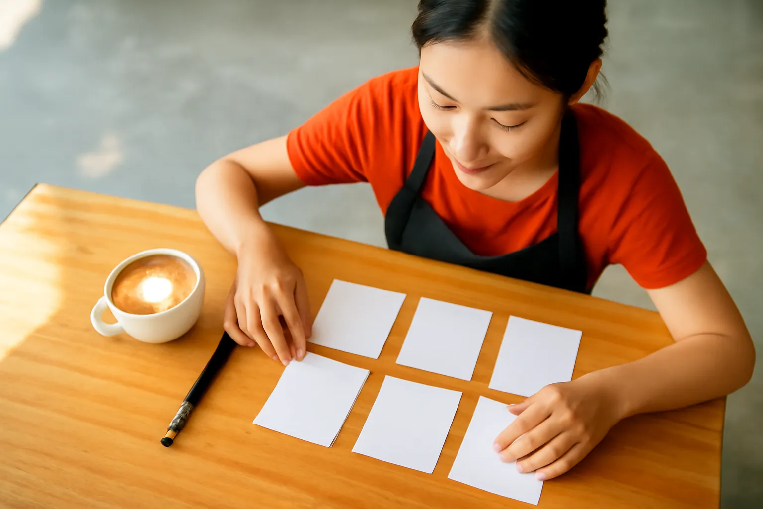 Chủ quán cà phê trẻ xếp sáu tấm thẻ giấy trống lên bàn gỗ
