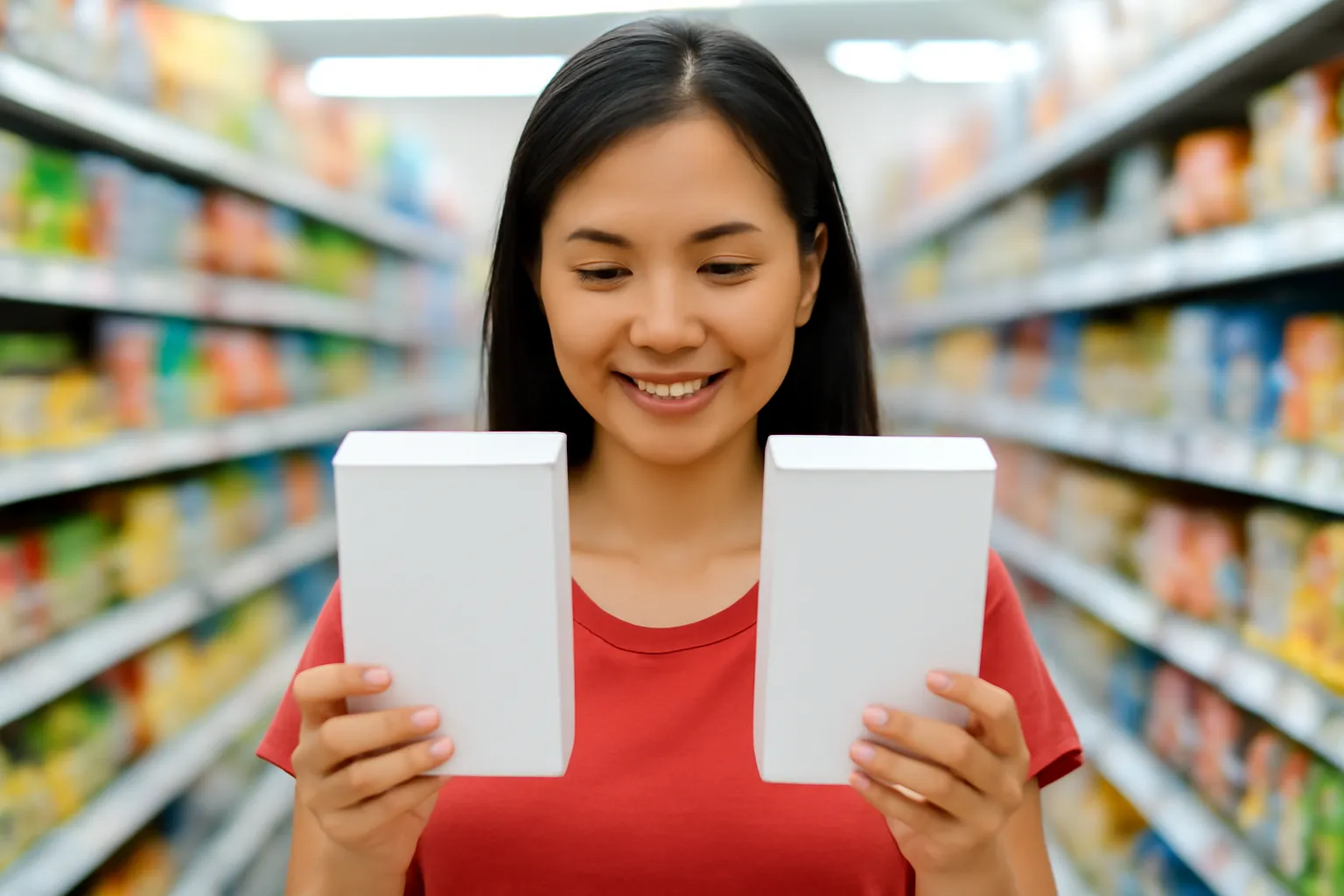 Người mua hàng cầm hai hộp sản phẩm trống nhãn so sánh ở kệ siêu thị