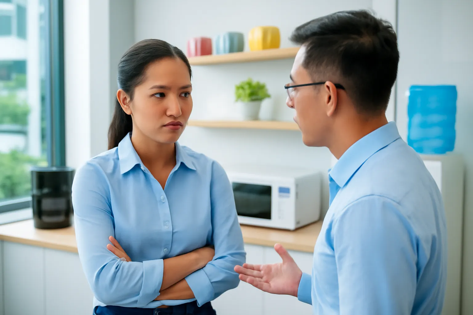 Hai đồng nghiệp đứng nói chuyện căng thẳng ở góc pha trà văn phòng