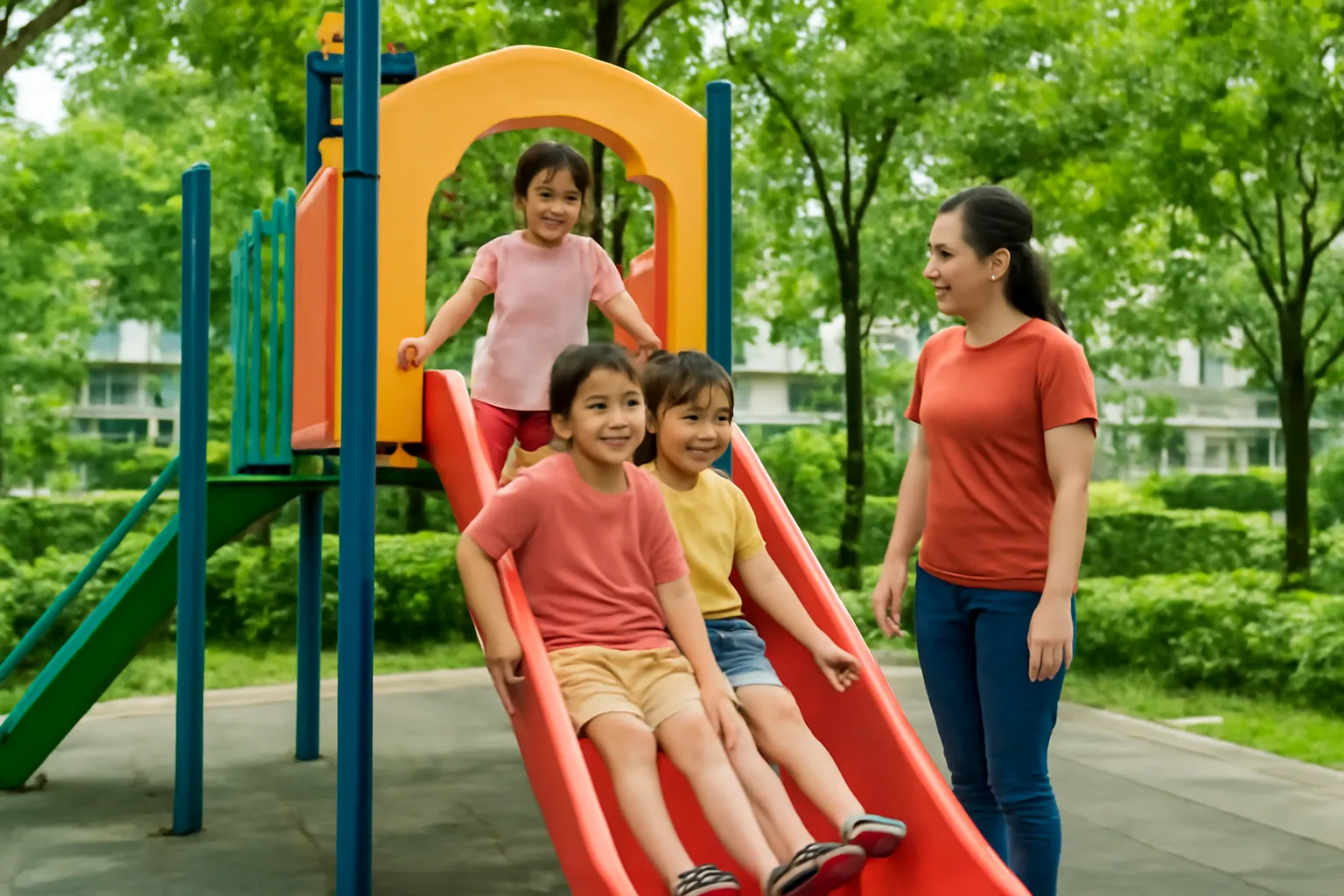 Trẻ em chơi cầu trượt ở sân chơi khu dân cư, phụ huynh đứng cạnh