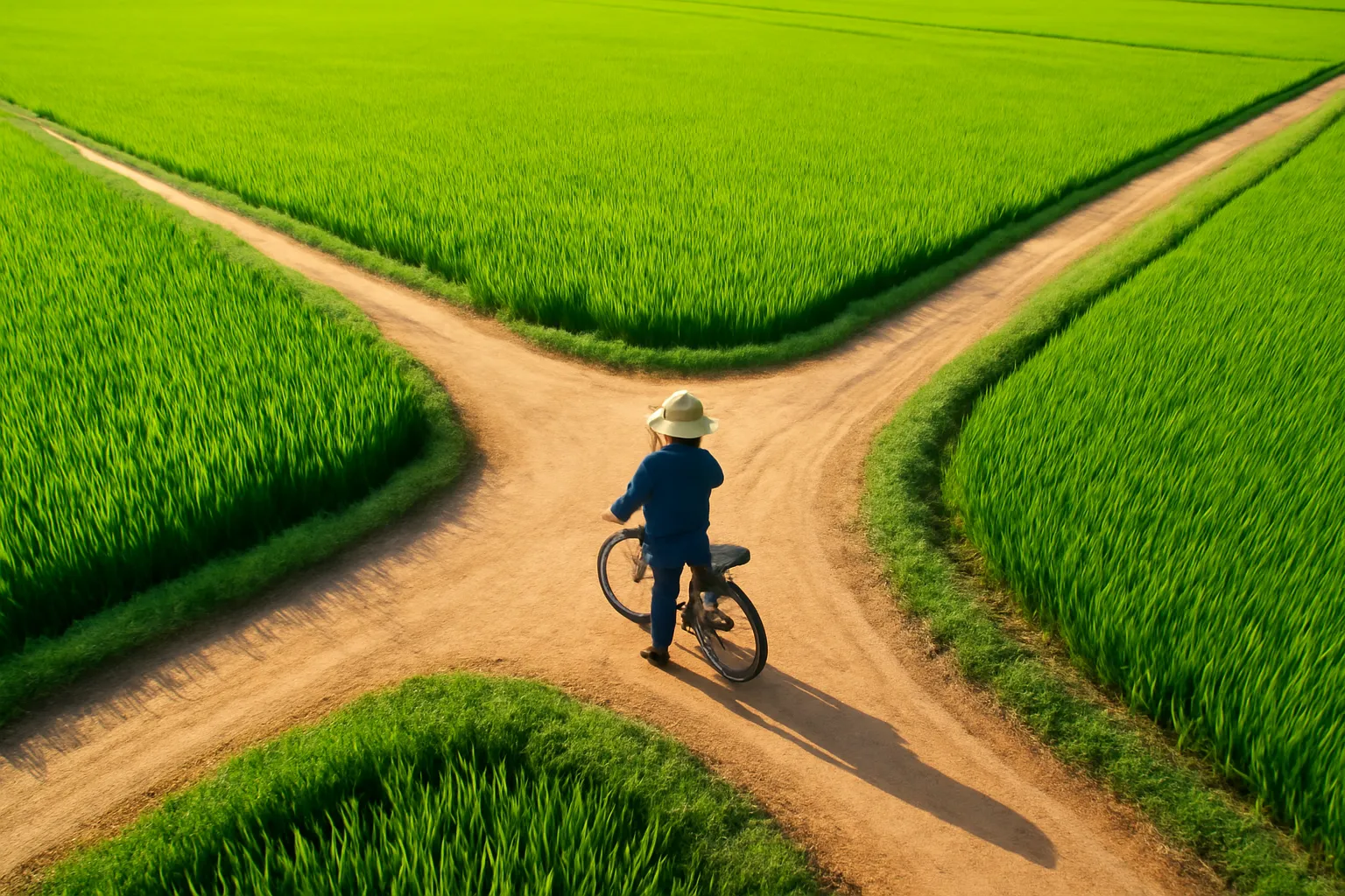 Ngã ba đường làng có ba lối rẽ, người đạp xe dừng lại nhìn