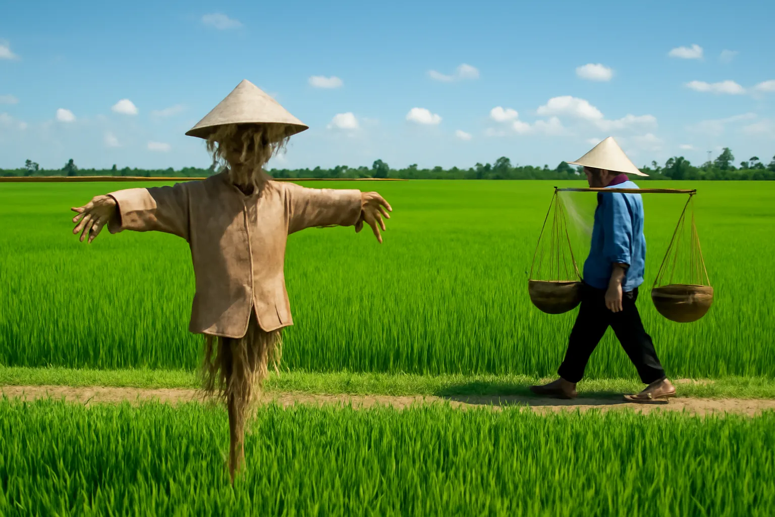 Hình nhân bù nhìn rơm giữa ruộng lúa xanh, nông dân đội nón đi ngang
