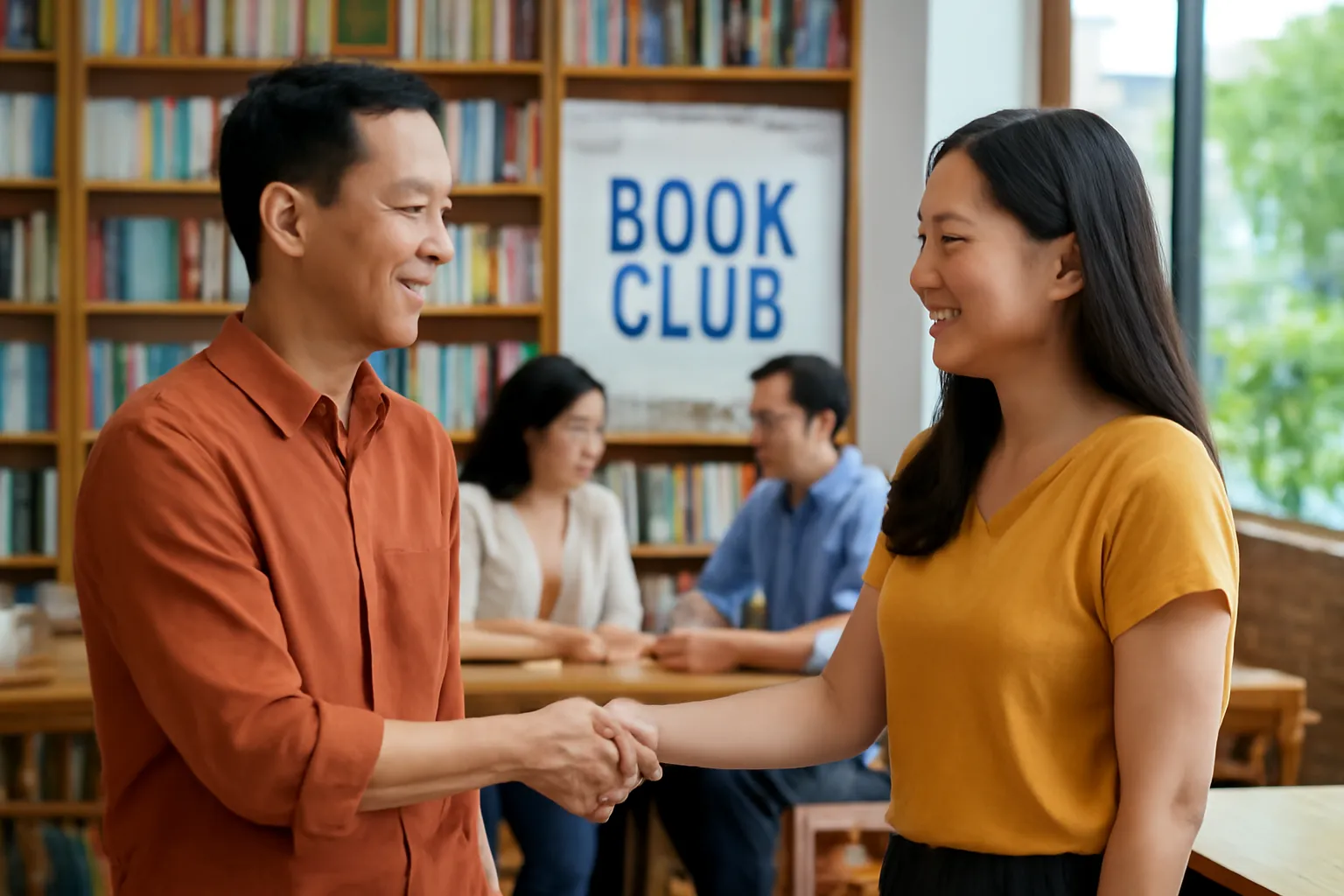Hai người lạ bắt tay nhau ở một buổi giao lưu sách