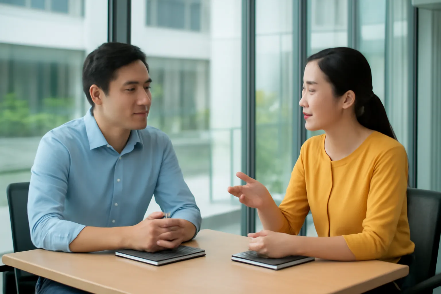 Hai đồng nghiệp ngồi đối diện ở bàn họp nhỏ, một người gật đầu lắng nghe