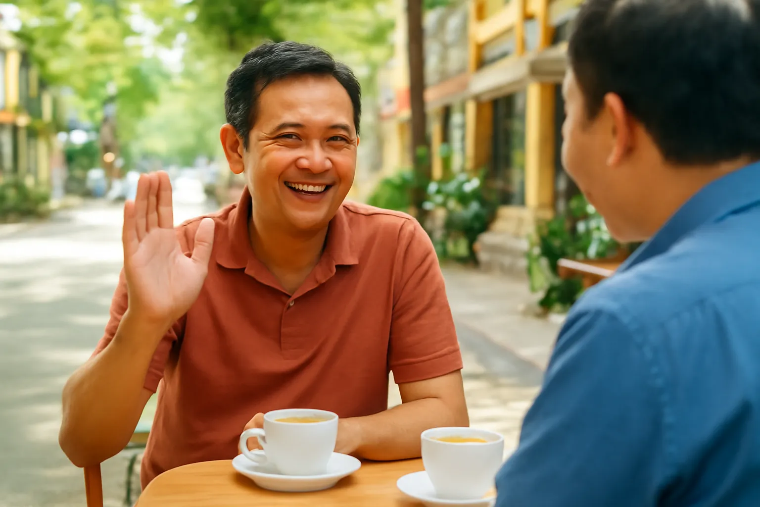 Người đàn ông trung niên mỉm cười giơ tay nhận lỗi trong buổi cà phê sáng với bạn