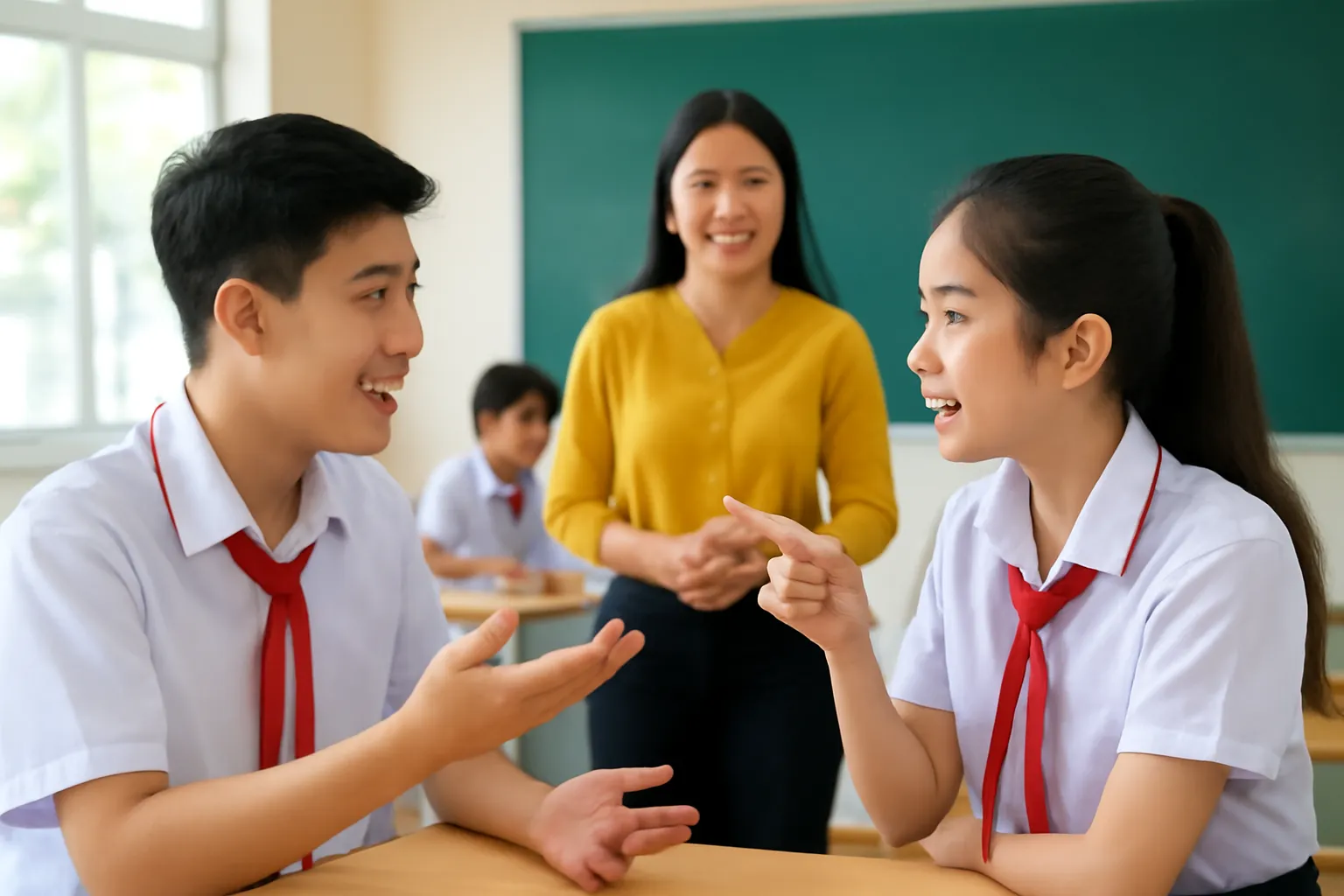 Hai học sinh tranh luận vui vẻ trong giờ thảo luận nhóm, cô giáo đứng sau