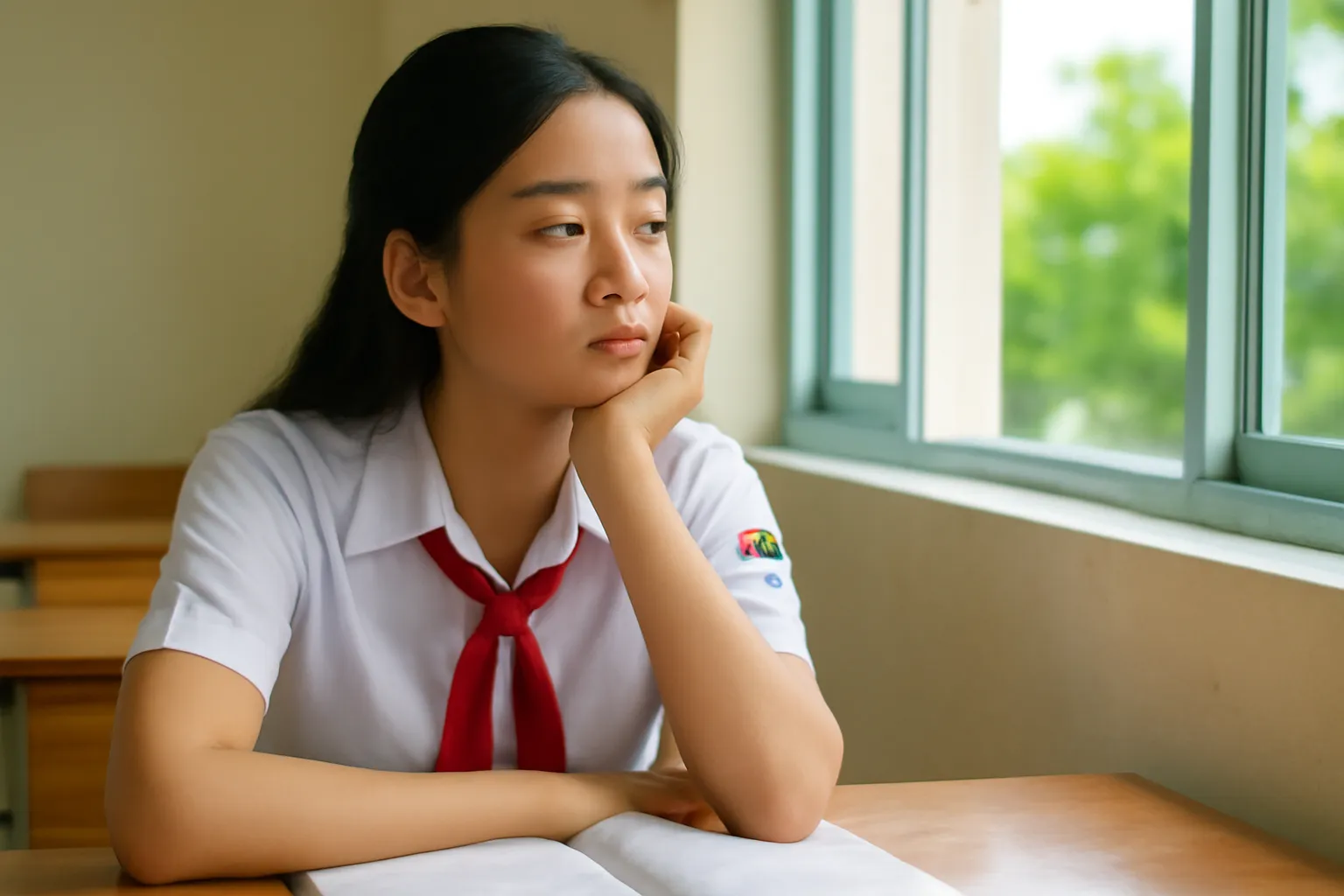 Học sinh tựa cằm nhìn ra cửa sổ lớp học, trang vở trước mặt
