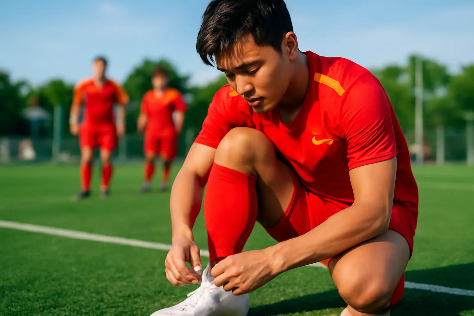 Cầu thủ nghiệp dư buộc dây giày trên sân cỏ nhân tạo buổi chiều