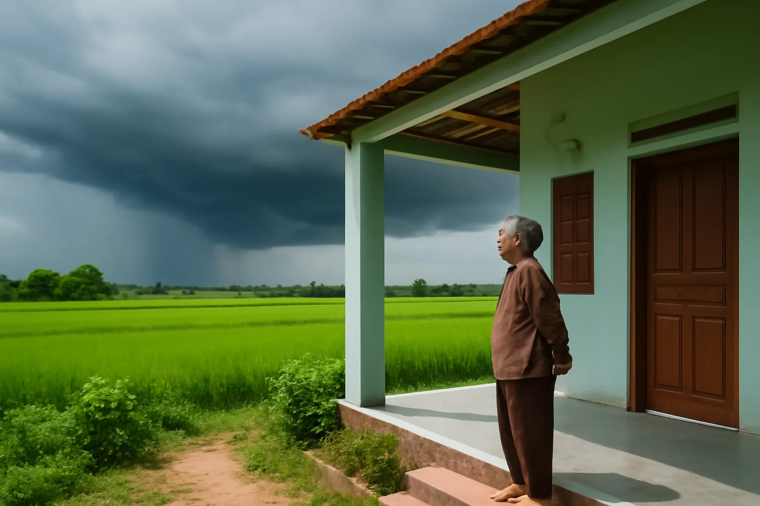 Bà cụ đứng ở hiên nhà quê nhìn mây đen kéo đến trên cánh đồng