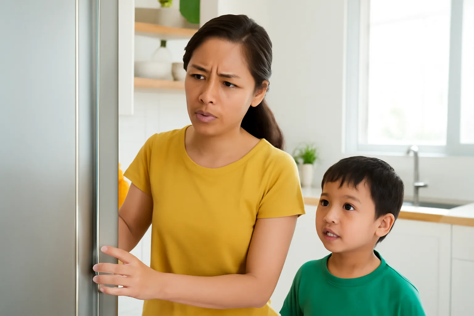 Người mẹ mở tủ lạnh, đứa con nhỏ đứng sau lưng miệng dính kem