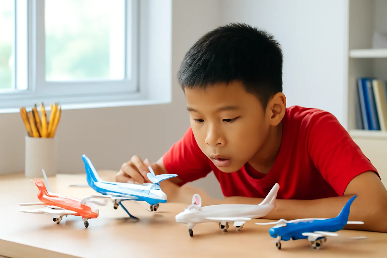 Dàn máy bay mô hình trên bàn học của một cậu bé cạnh cửa sổ sáng