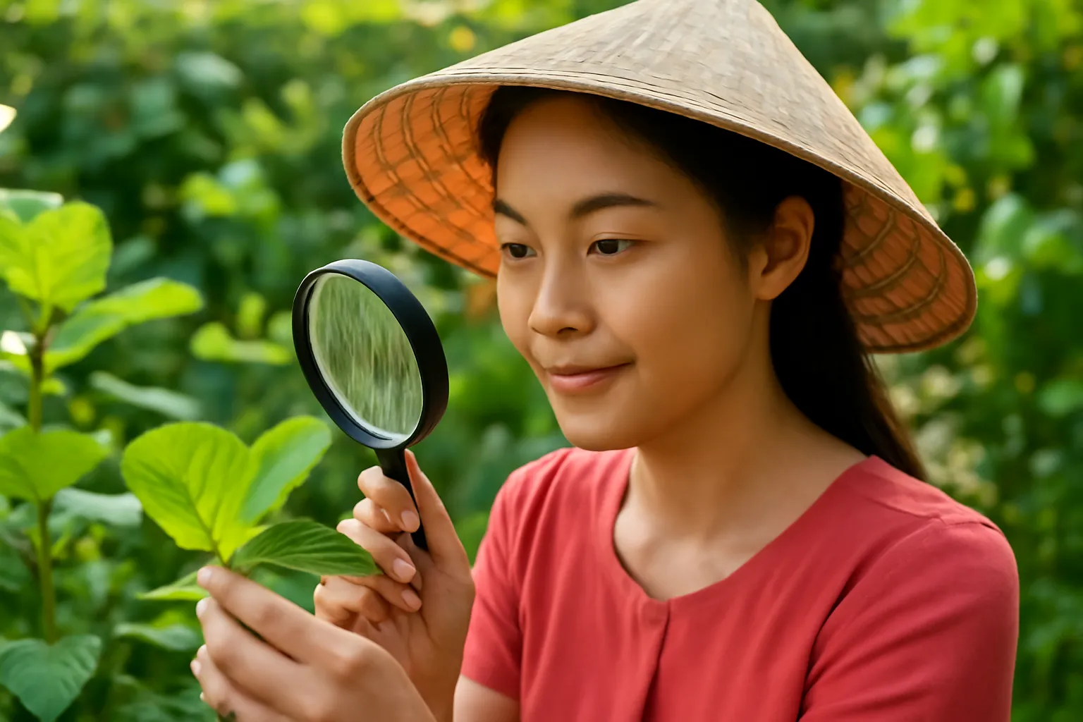 Người phụ nữ cầm kính lúp soi một chiếc lá trong vườn