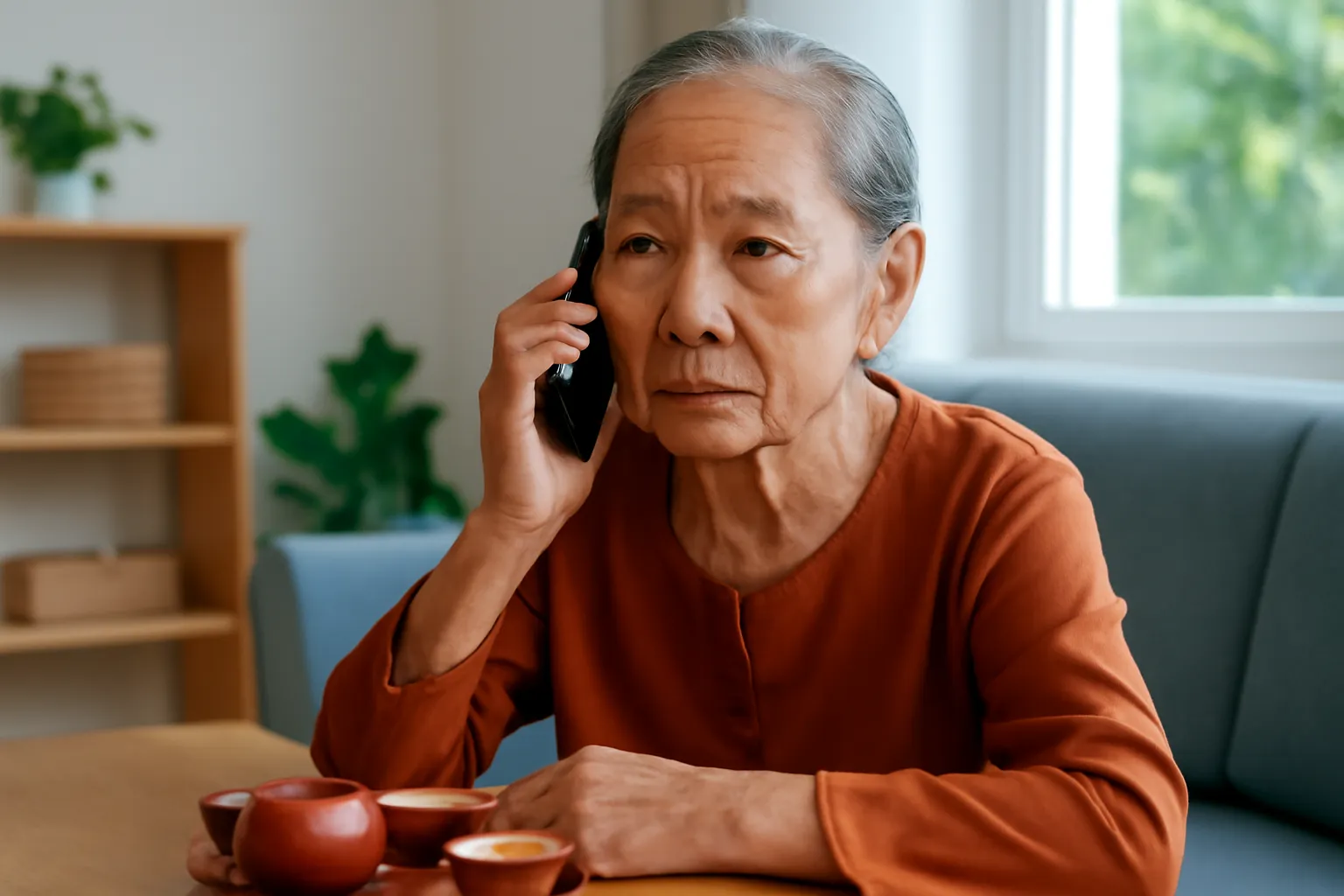 Người phụ nữ lớn tuổi nghe điện thoại ở bàn nước với vẻ cảnh giác