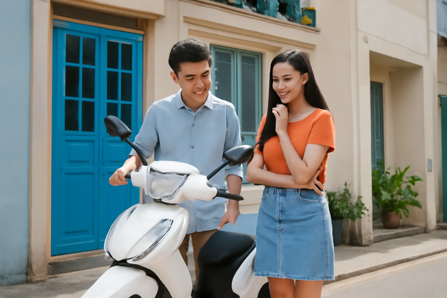 Hai vợ chồng trẻ đứng cạnh chiếc xe máy mới trước cửa nhà buổi sáng