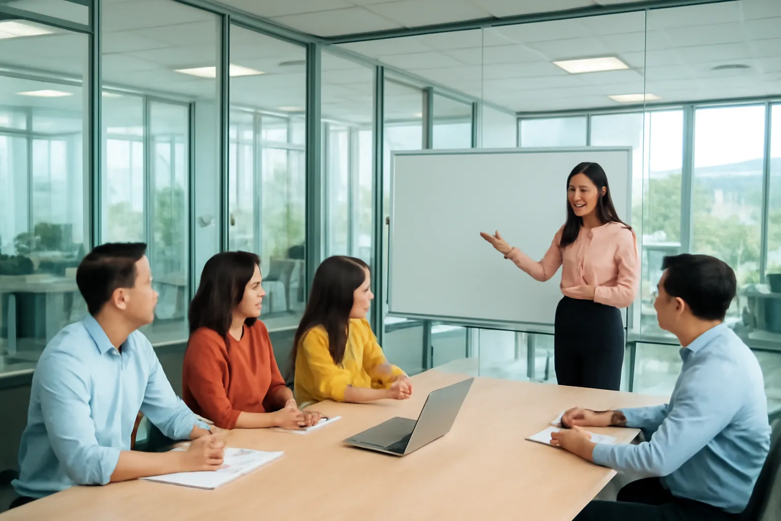 Phòng họp kính, nhóm năm người, một chị đứng trình bày bên bảng trắng trống