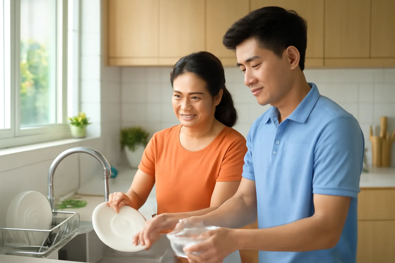 Mẹ và con trai đại học rửa bát cạnh nhau trong bếp, cười nhẹ