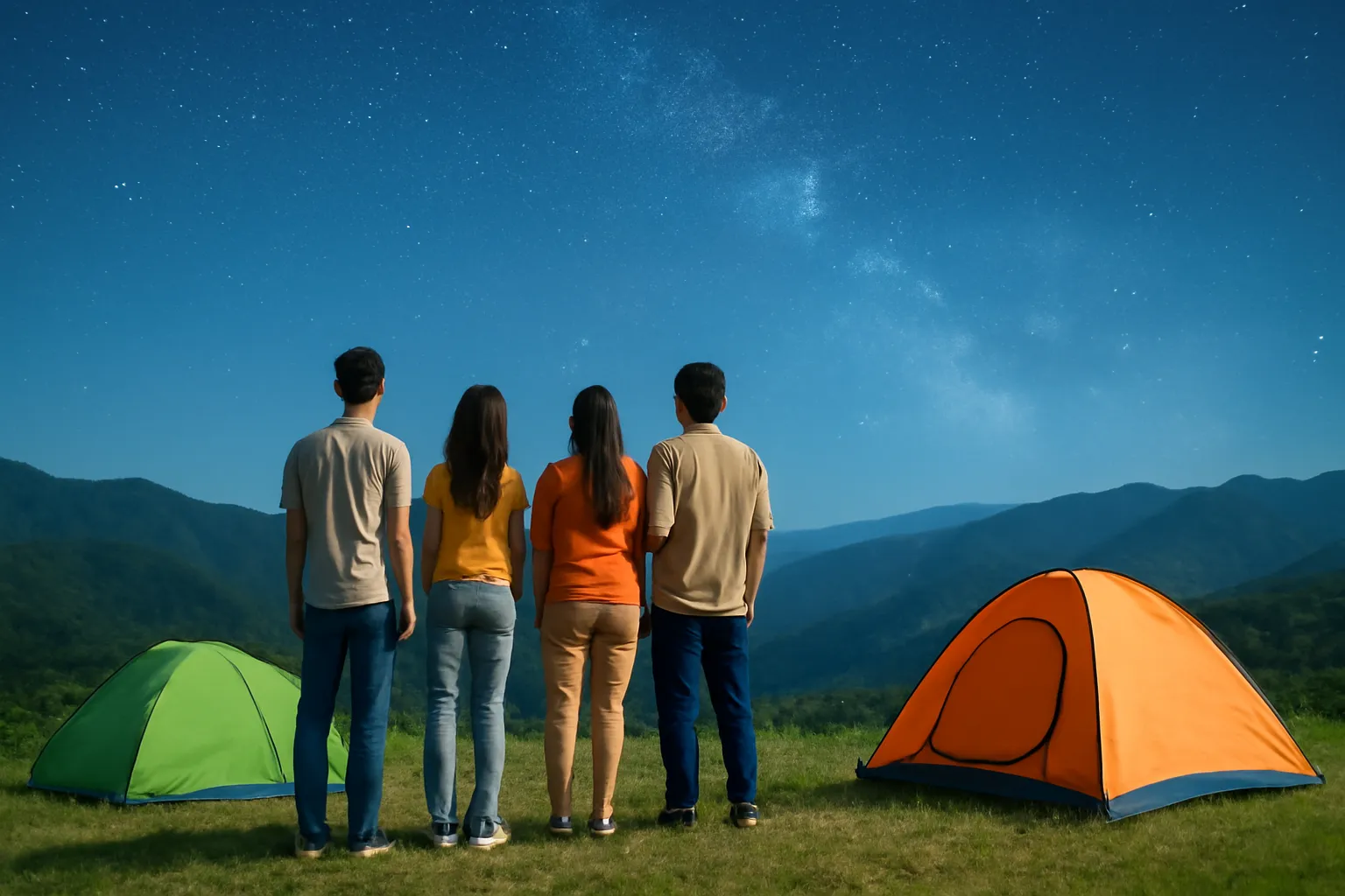 Nhóm bạn trẻ đứng trên đồi ngắm bầu trời đêm đầy sao ở vùng núi phía Bắc