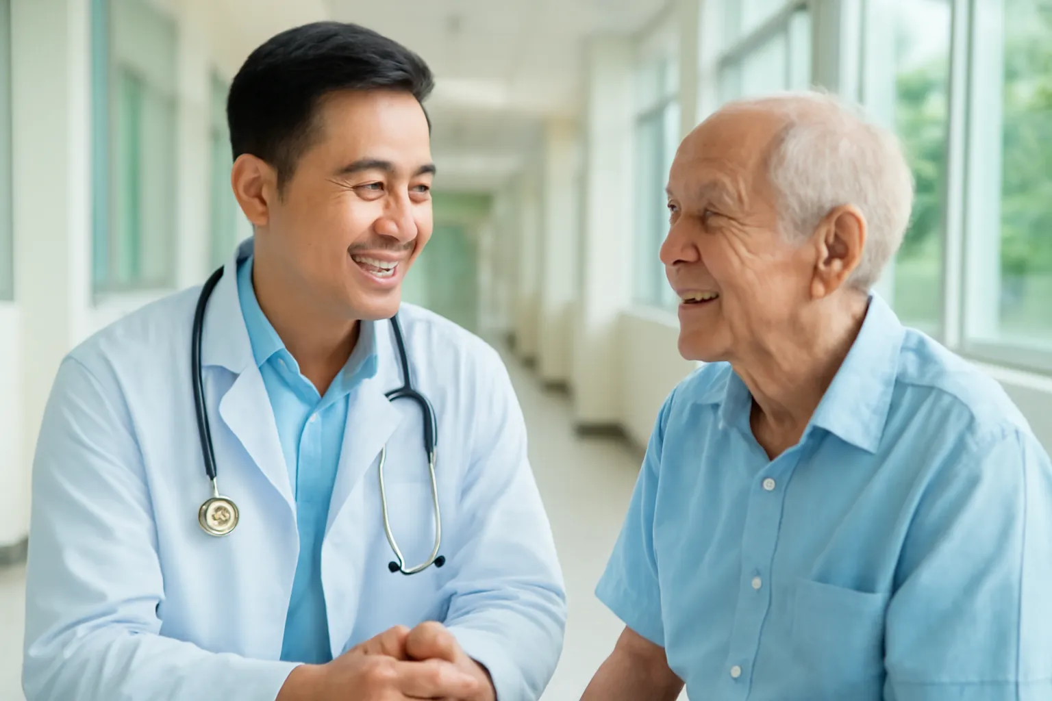Bác sĩ trẻ trò chuyện với bệnh nhân lớn tuổi ở hành lang bệnh viện