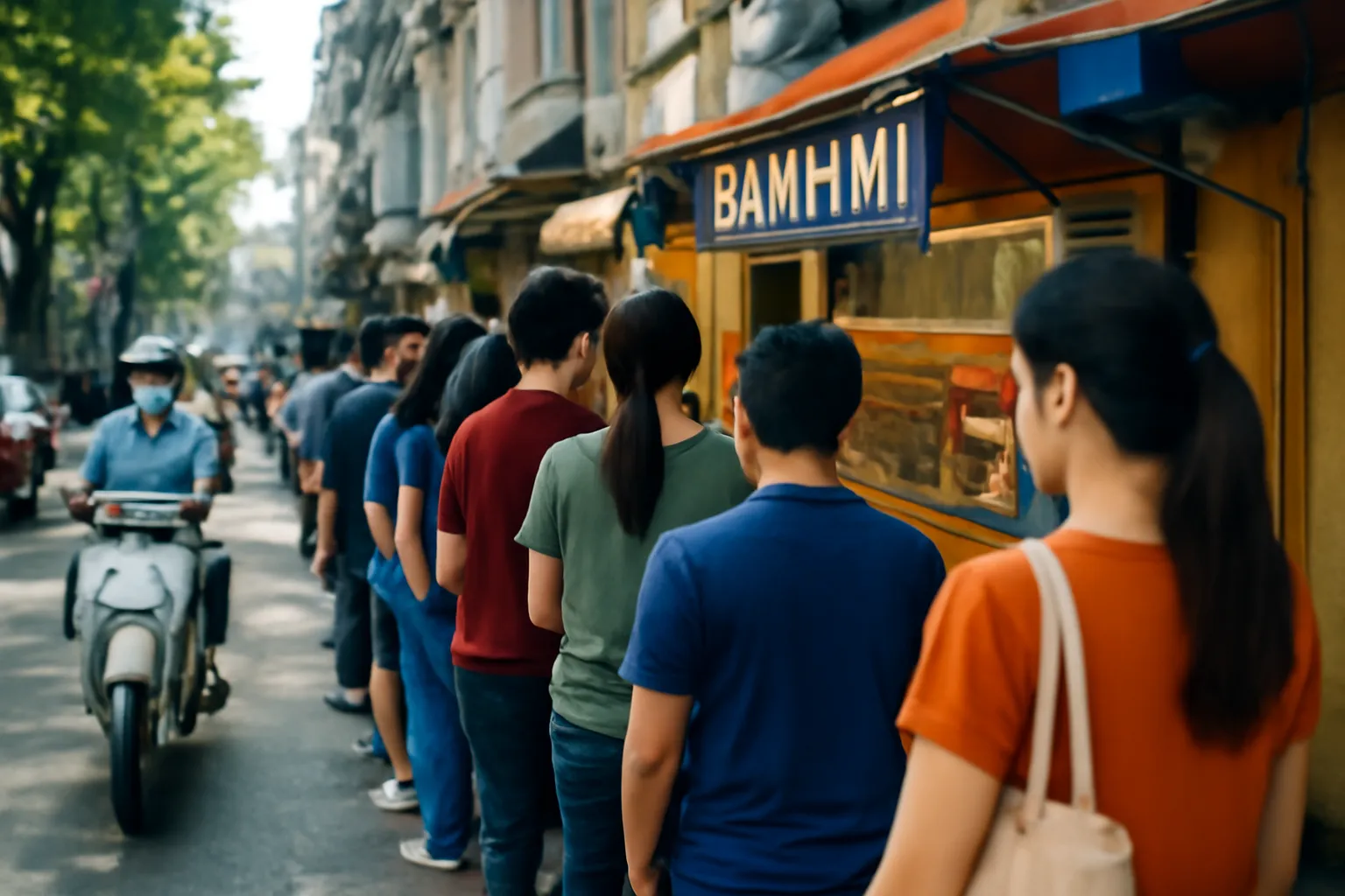 Hàng người xếp hàng dài trước một quầy bánh mì buổi sáng